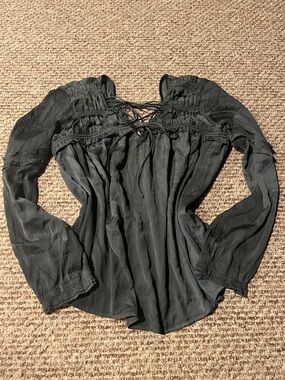 Current Air Dark Blue-Green Smocked Lace-Up Blouse Top